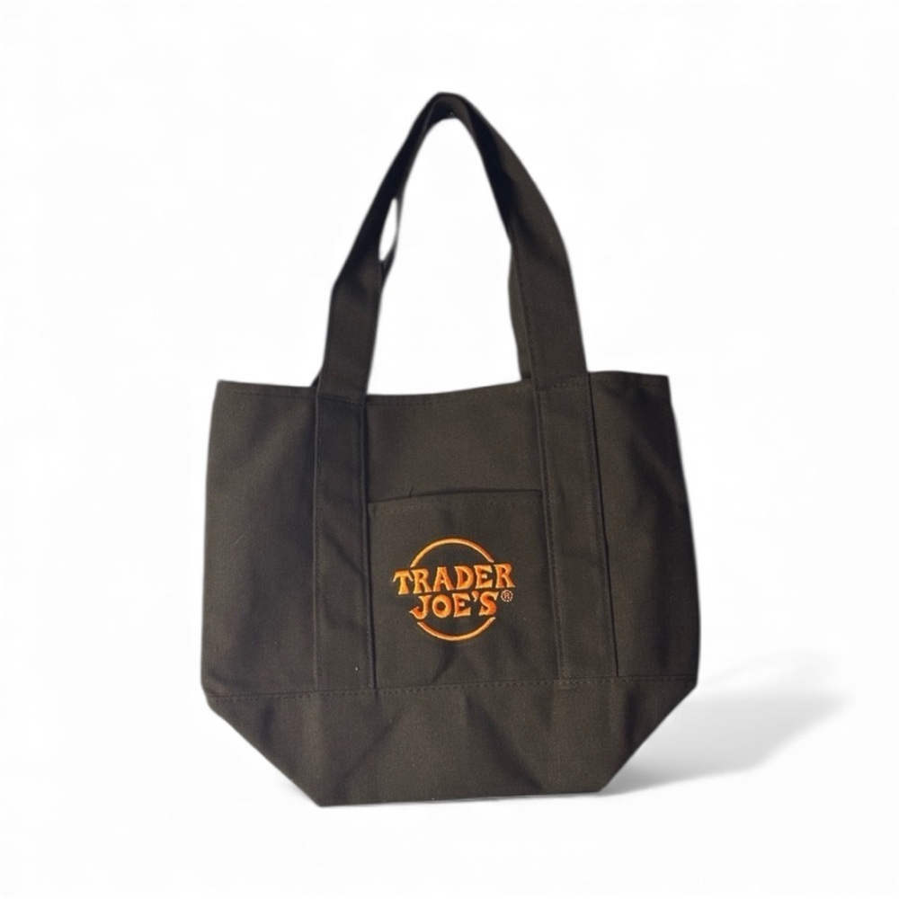 Trader Joe's Viral Black Canvas Tote Bag, Embroidered in Orange.